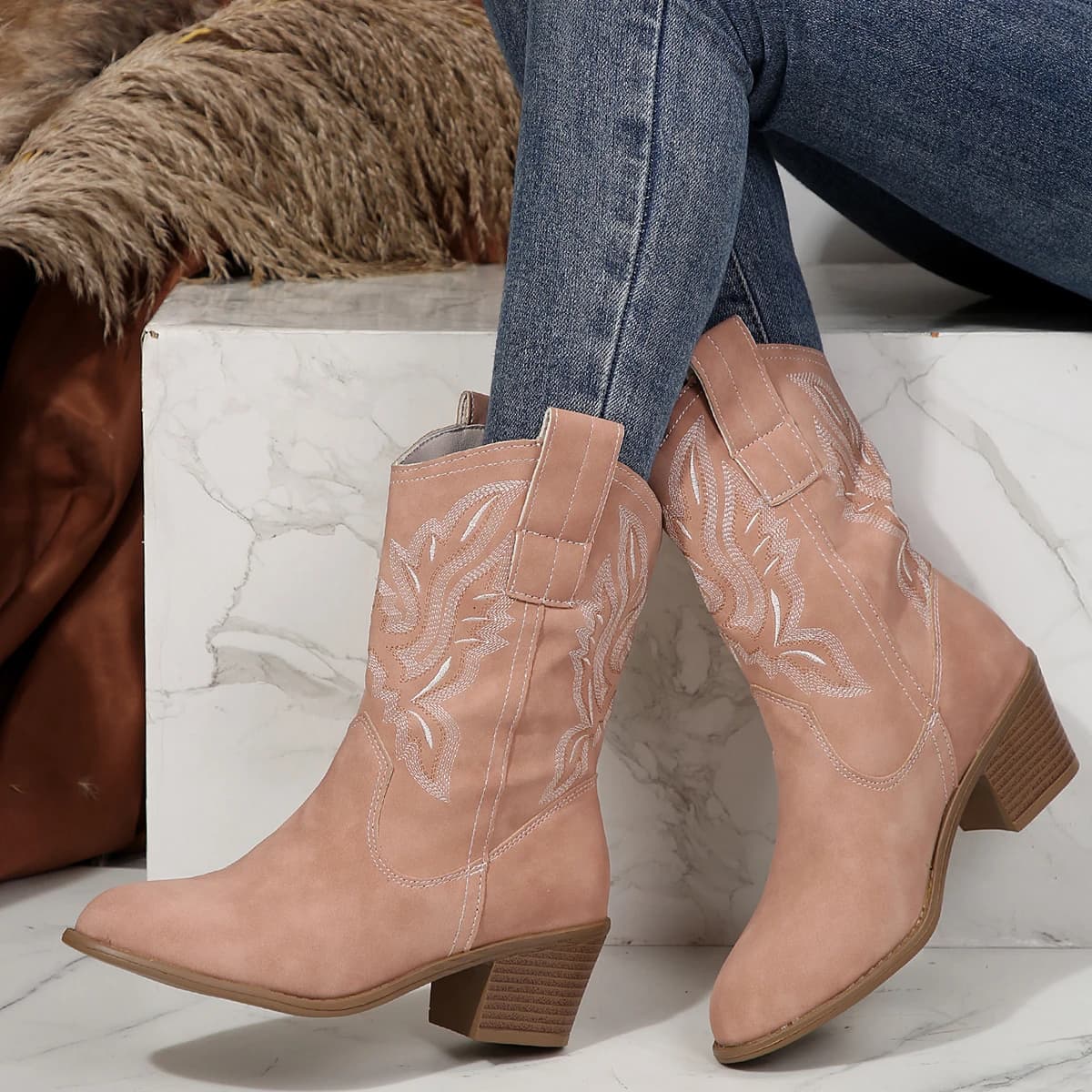 Bottes cowboy femme brodées pointues talon épais genou automne western botas de mujer neuves
