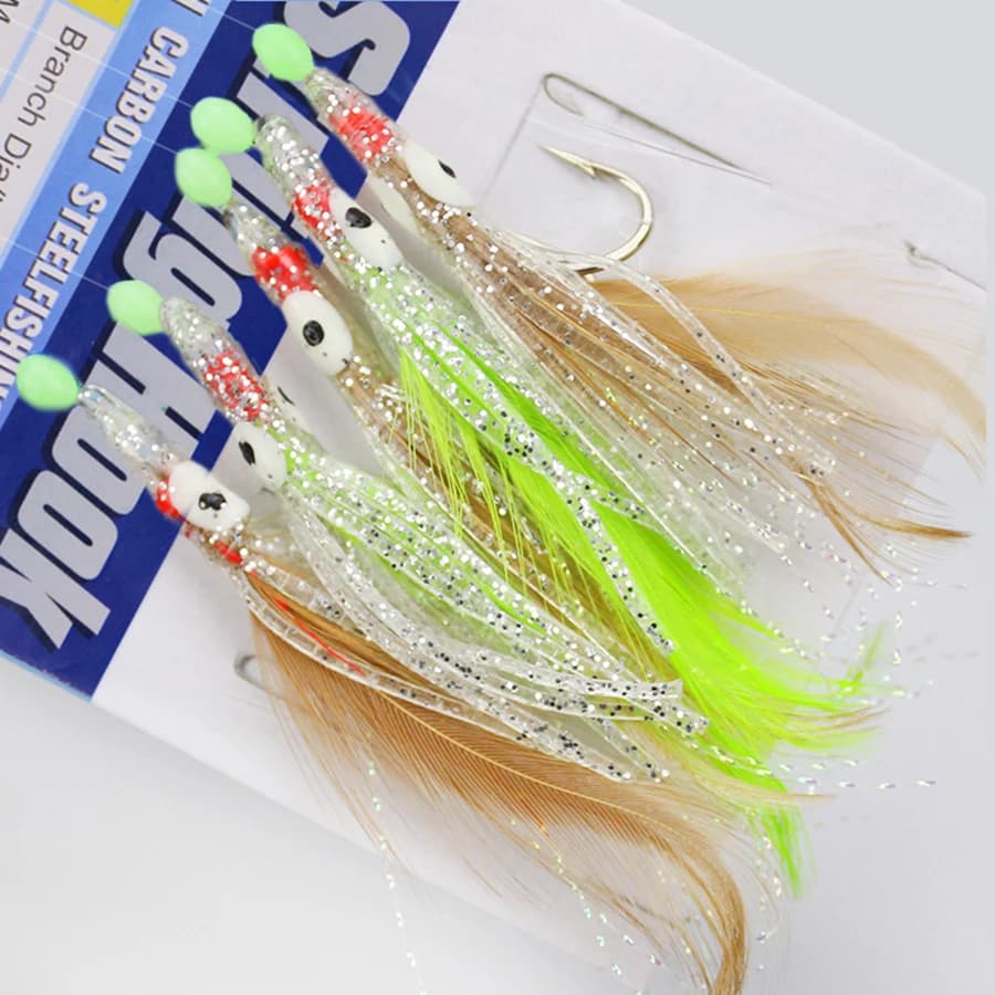 Ligne Sabiki complète avec leurre poulpe lumineux et plumes pour pêche en mer - pack 1/0
