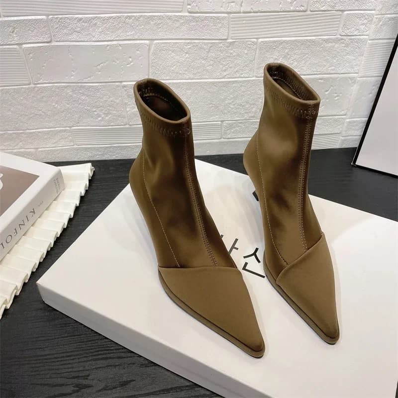 Bottes satin élégantes talons hauts fins - Bottines femme pointues stretch pour soirée pêche