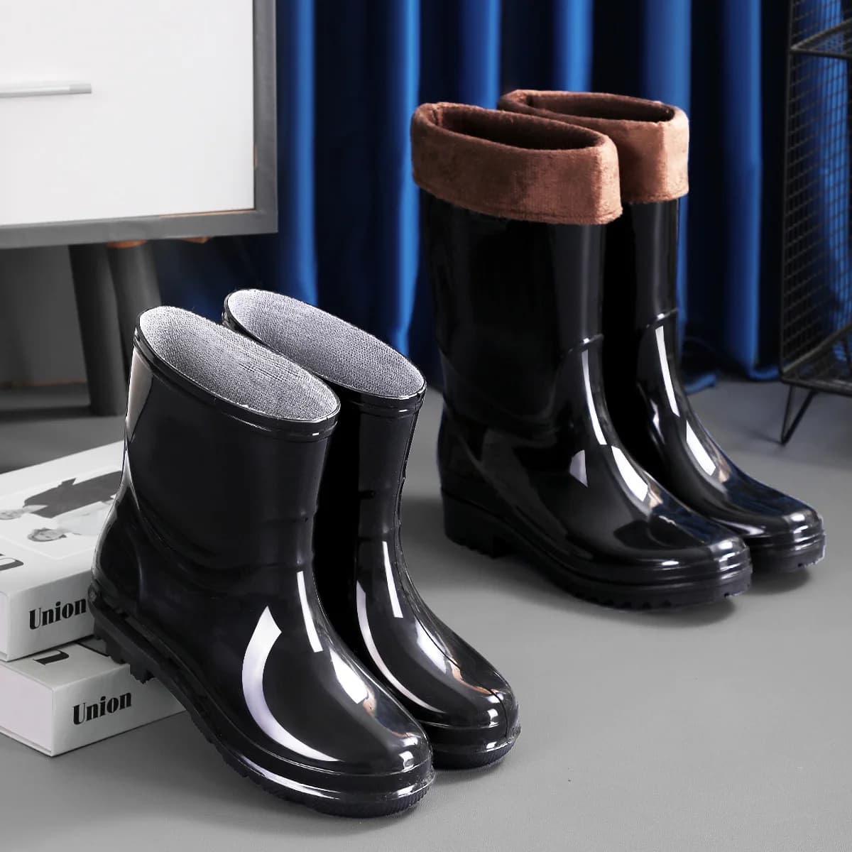 Bottes de pluie homme hautes épaisses imperméables extérieur antidérapantes doublure polaire