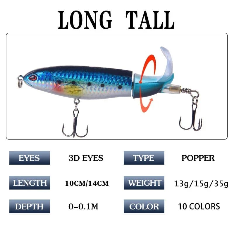 Leurre de pêche topwater Whopper Popper 10cm et 14cm, appât dur avec queue rotative souple pour carnassiers