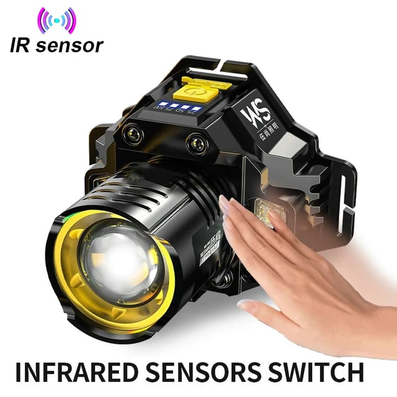 Lampe frontale LED puissante 90° ajustable zoomable 18650 intégrée pour pêche précise