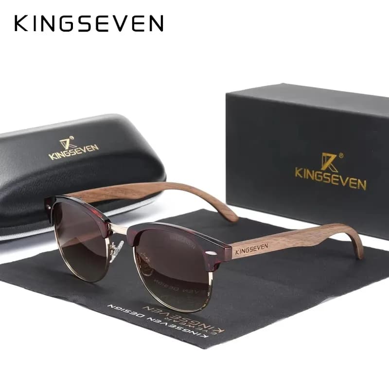 Lunettes de soleil bois noyer KINGSEVEN polarisées - Monture ronde pêche vintage luxe