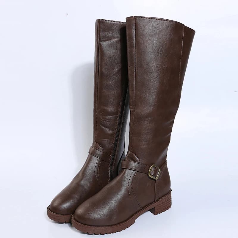 Bottes genou marron vintage femmes grande taille talon bas cuir PU automne hiver pêche