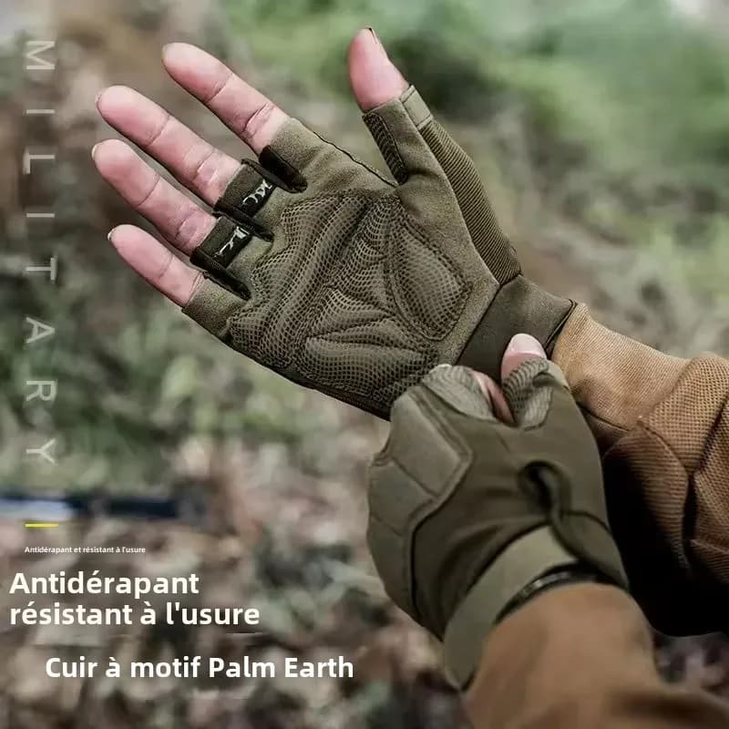 Gants tactiques demi-doigts pêche sportive - Gants résistants pour pêche montagne et vélo