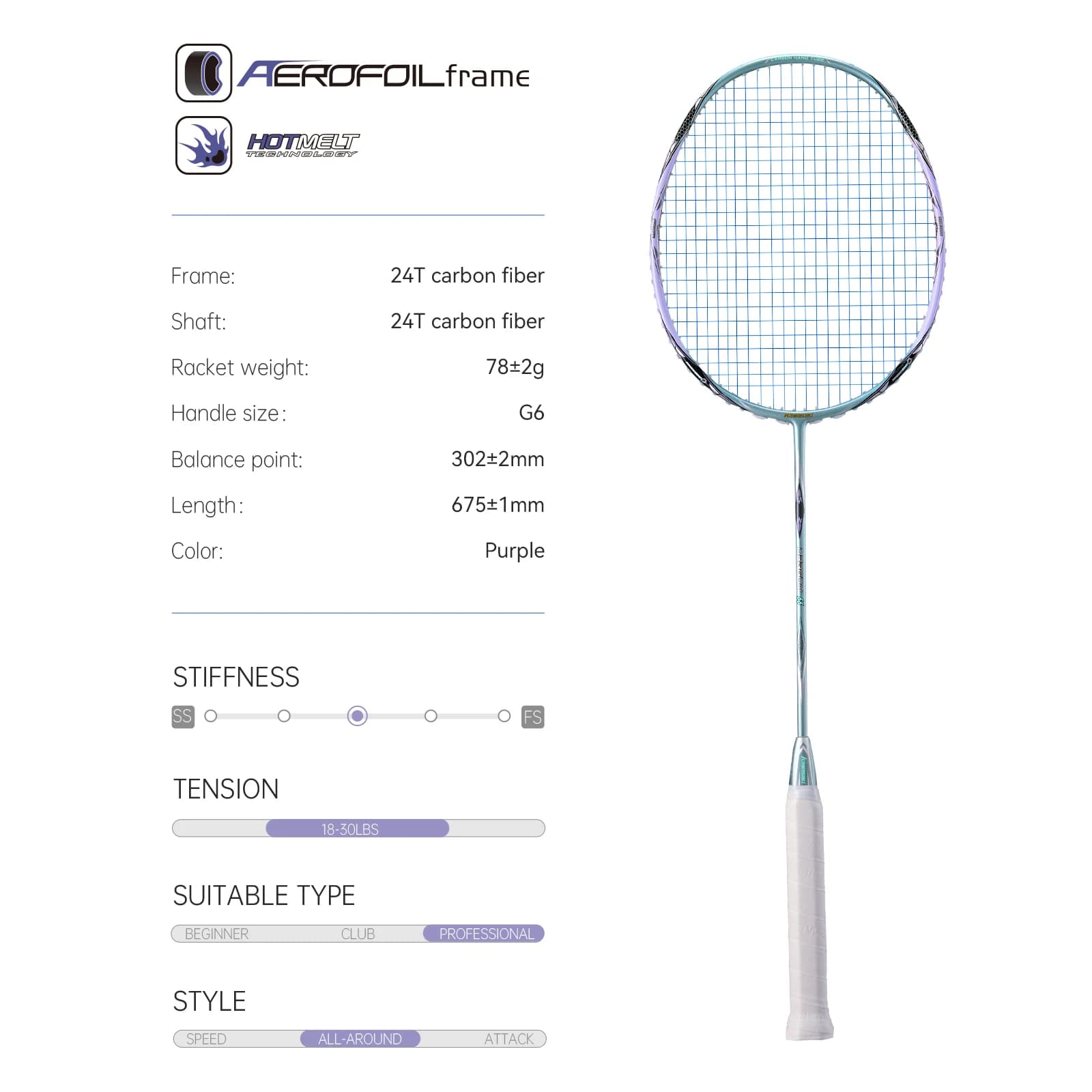 Raquette de badminton Kawasaki Dragon 66 5U carbone ultra-léger professionnelle avec étui et grip