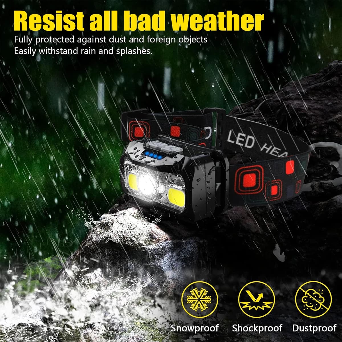 Frontale rechargeable 1200 lumens avec détecteur de mouvement pour pêche nocturne - Lumière blanche et rouge