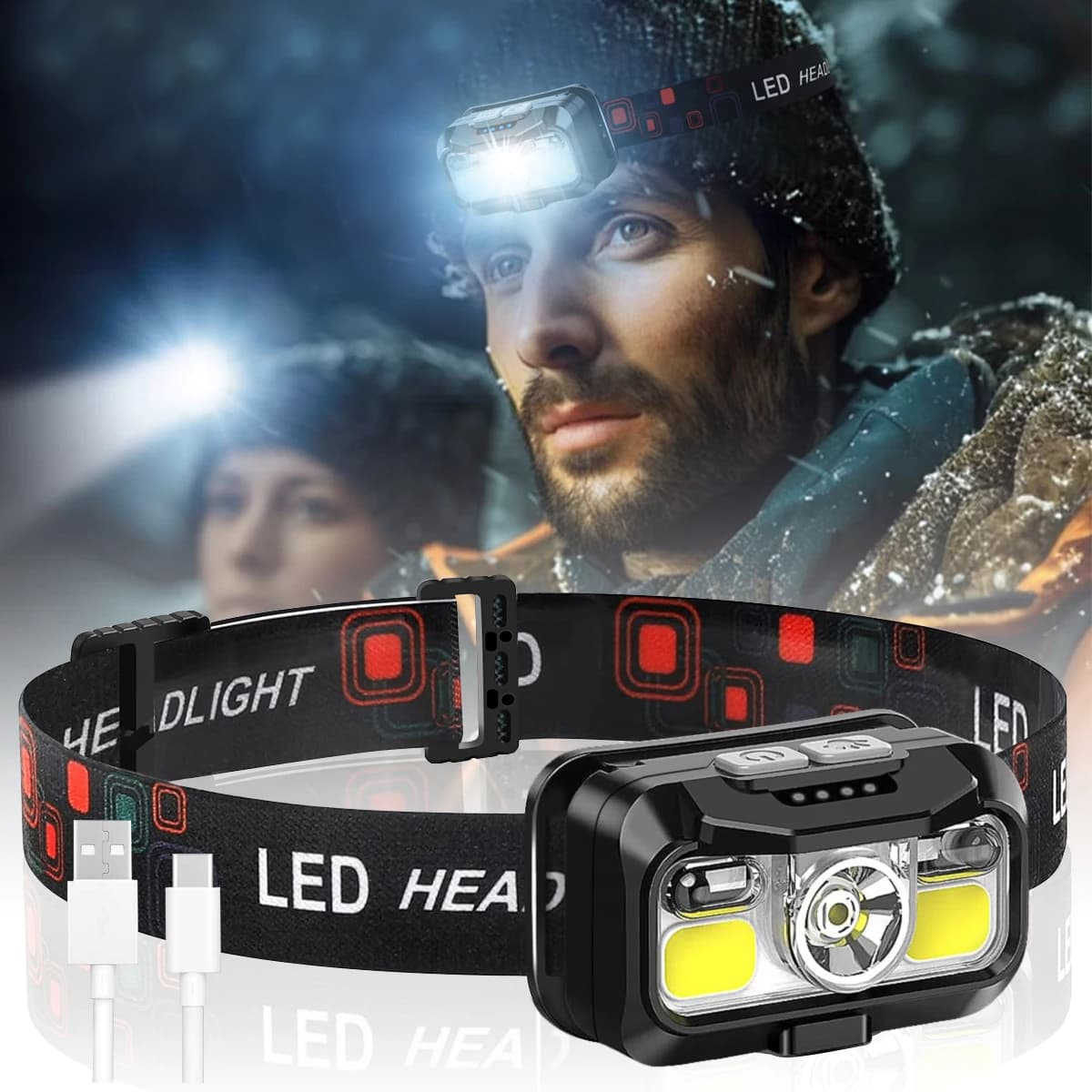 Frontale rechargeable 1200 lumens avec détecteur de mouvement pour pêche nocturne - Lumière blanche et rouge