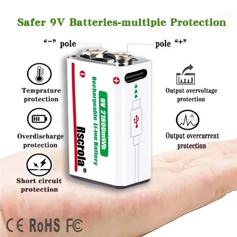 Batterie lithium-ion rechargeable 9V 21800mWh - Haute capacité pour guitare et détecteur de fumée