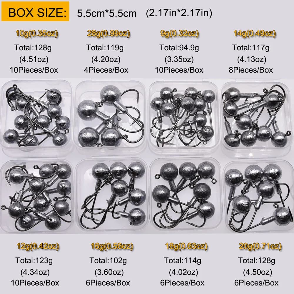 Têtes de jigging plombées rondes 1g à 20g pour leurres souples, hameçons pour crankbait et pêche verticale