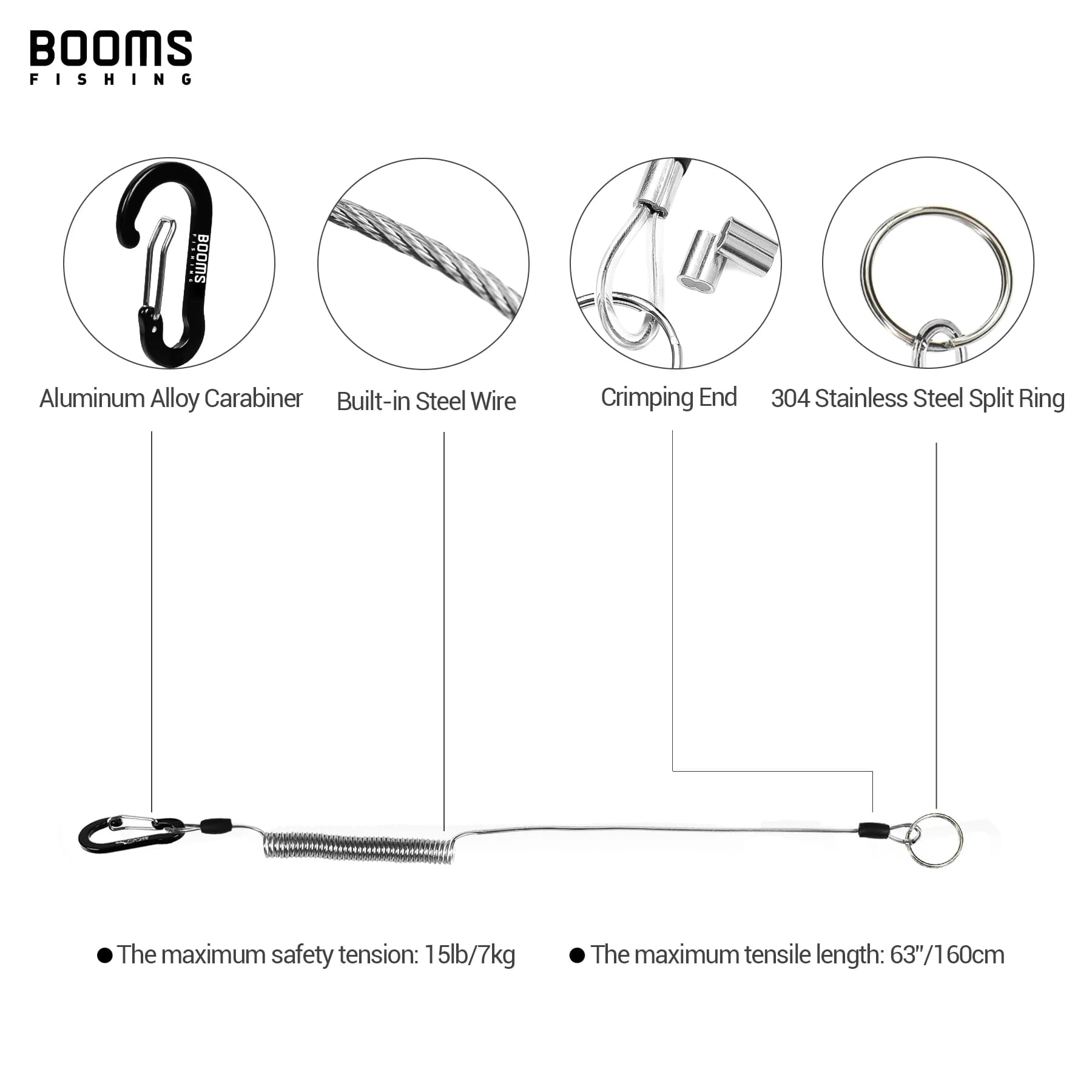 Lanyard enroulé avec mousquetons et sangles pour canne à pêche et épuisette - 2 mètres