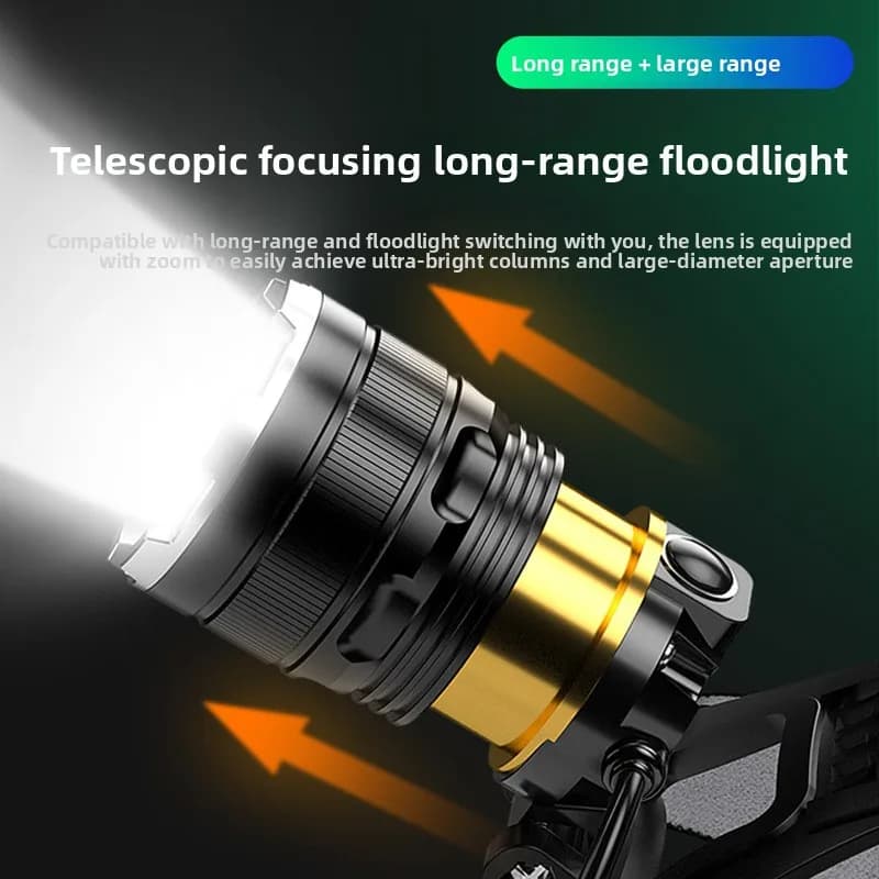 Lampe frontale LED ultra-puissante zoom rechargeable 1000m pêche 2x18650 détection haute performance