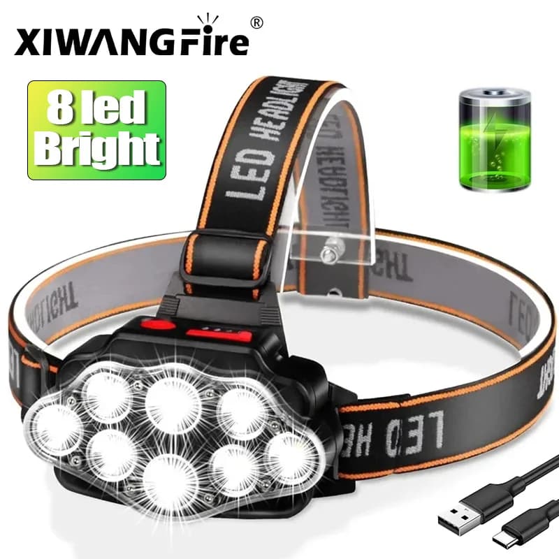 Lampe frontale 8LED puissante rechargeable pour pêche camping chasse randonnée phare avant