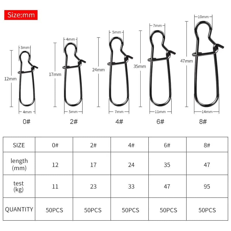 Connecteurs pêche Meredith 50 pièces mousquetons rapides émerillons solides anneaux sécurité