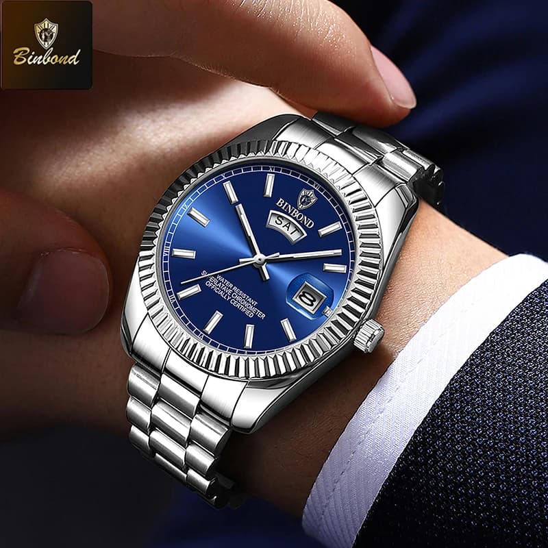 Montre homme sport acier inoxydable étanche date jour quartz marque BINBOND relogio masculino