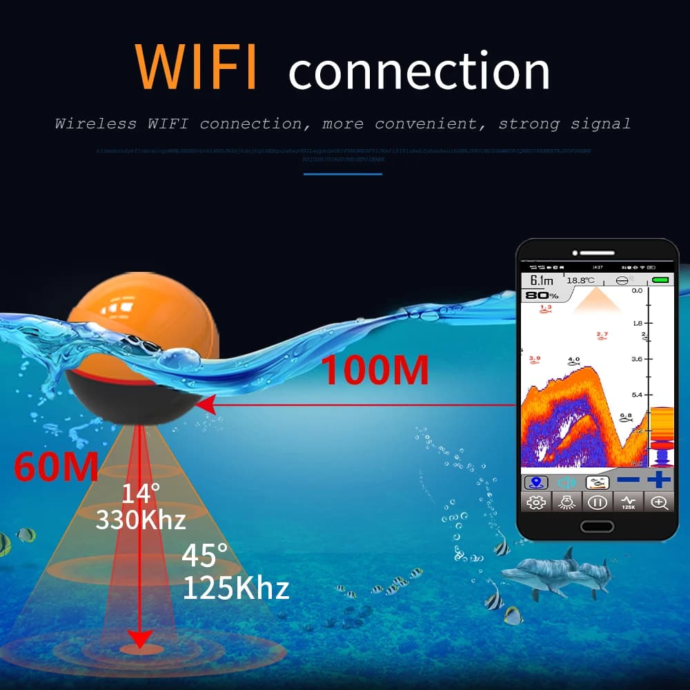 Détecteur de poissons Erchang F68 WiFi 100M sans fil pour iOS et Android - Sondeur écho pour lac et mer