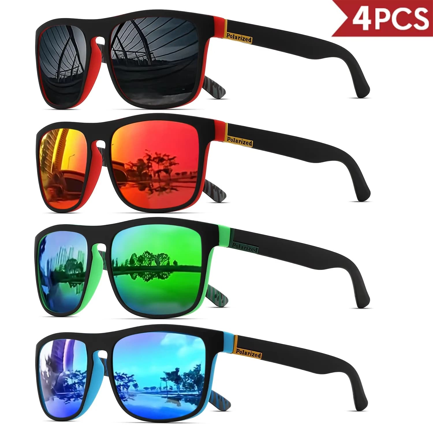 Pack lunettes sport carrées polarisées PC UV400 pêche - Légèreté unisexe 1-4PCS durabilité