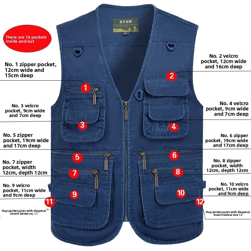Veste homme multi-poches sans manches grande taille 10XL pêche travail extérieur printemps