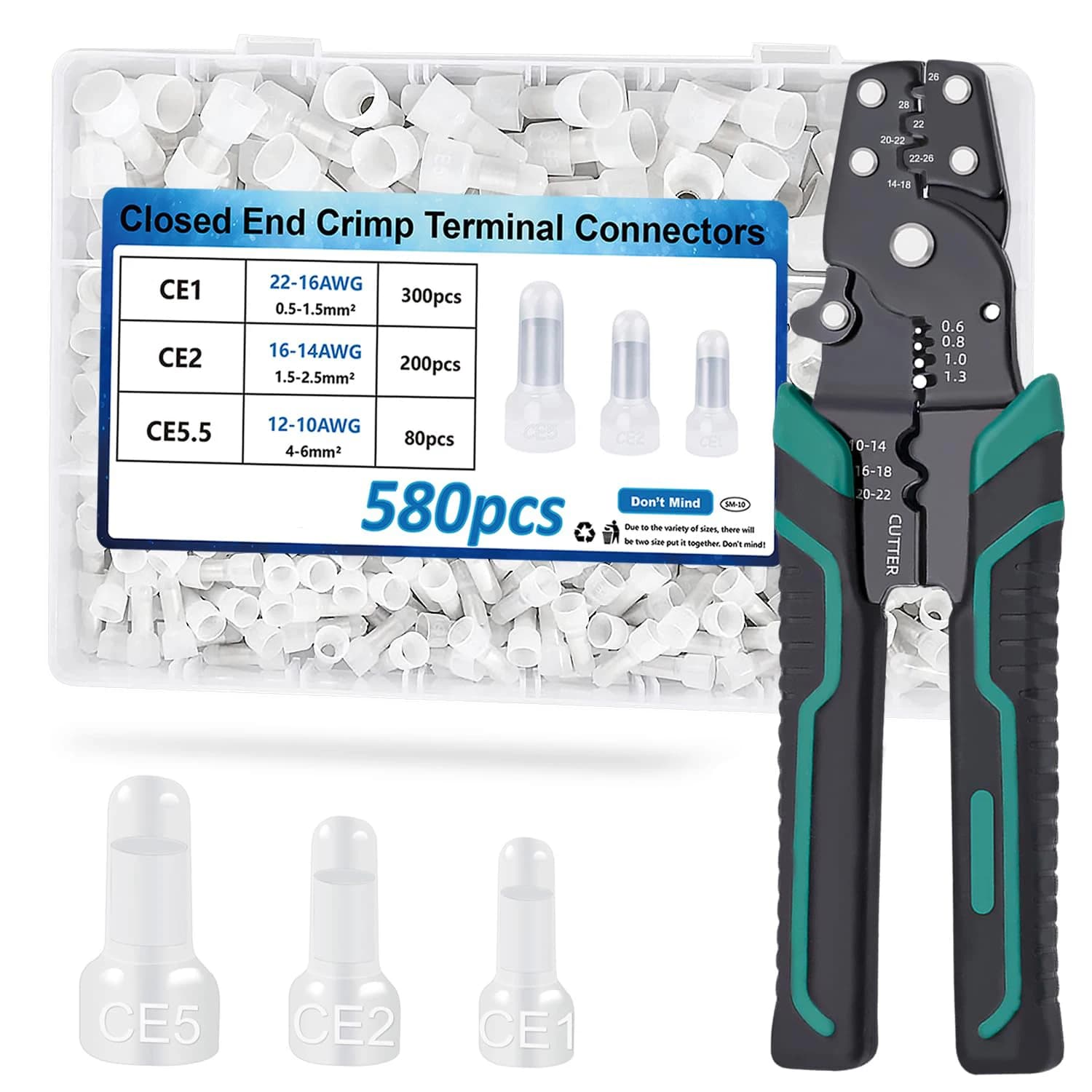 Kit 580 connecteurs fermés avec pince à sertir - 22-16,16-14,12-10AWG pour voiture et pêche