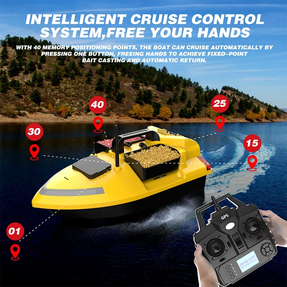 Bateau appât télécommandé V020 GPS avec sondeur poissons, double moteur et fonction cruise pour pêche carpe