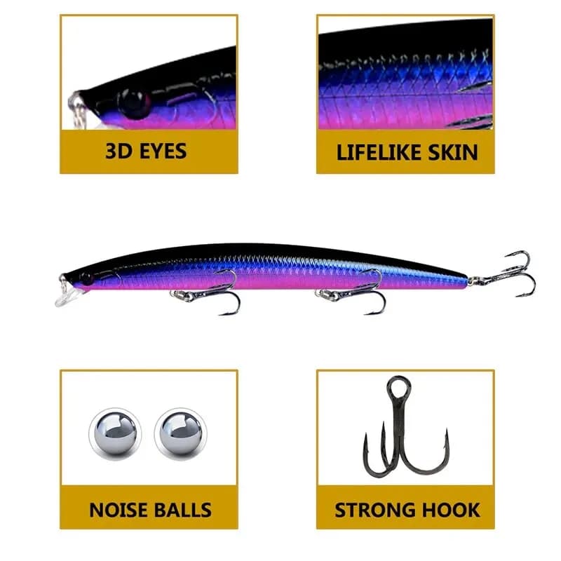 Leurre de pêche Minnow Laser Dur 18cm 24g avec yeux 3D et hameçons affûtés pour la