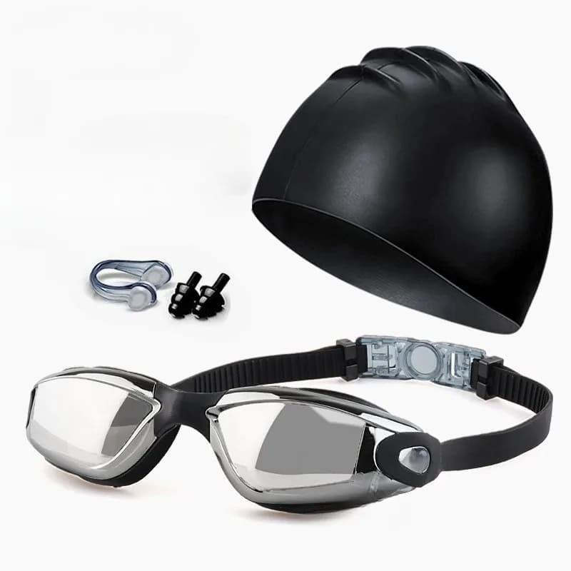 Set natation adulte complet : lunettes HD étanches anti-buée UV avec bonnet de bain inclus