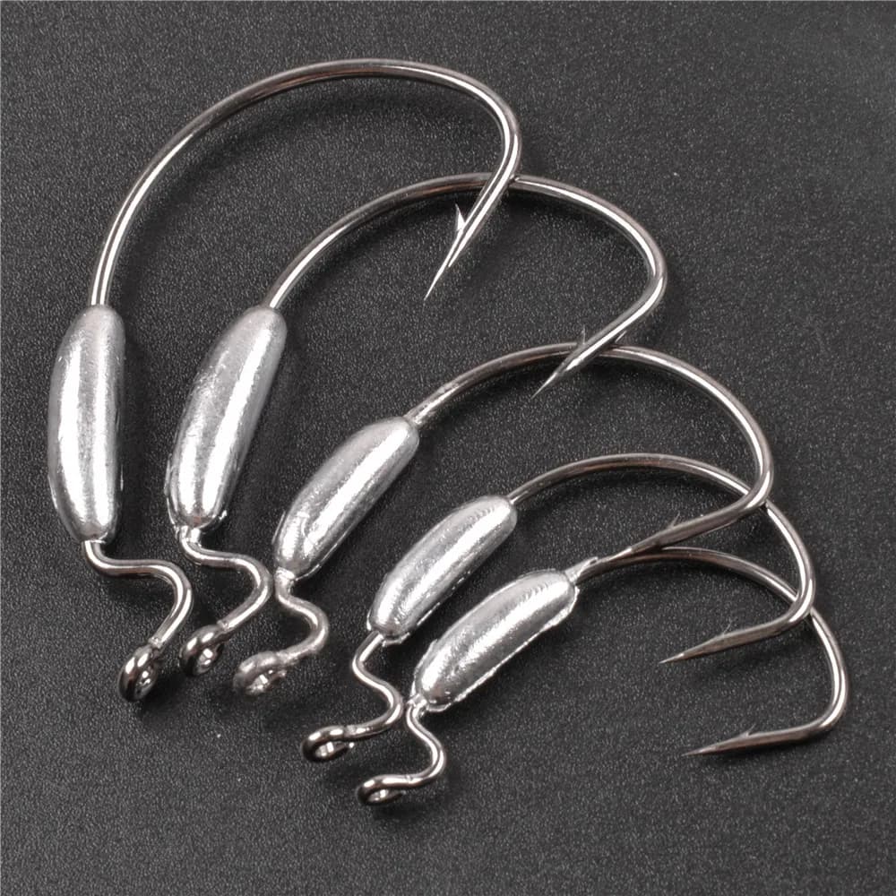 10 hameçons plombés courbés pour leurres souples et jigging - Poids 2.5g à 6g