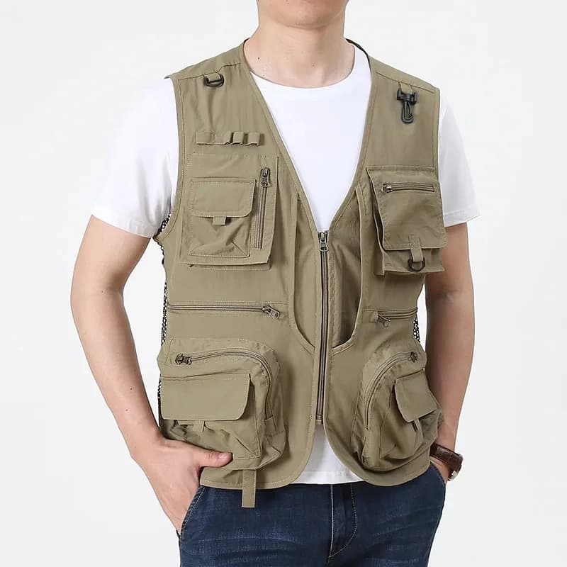 Veste de pêche cargo 2025 rouge multi-poches nylon pour journaliste photo et camping
