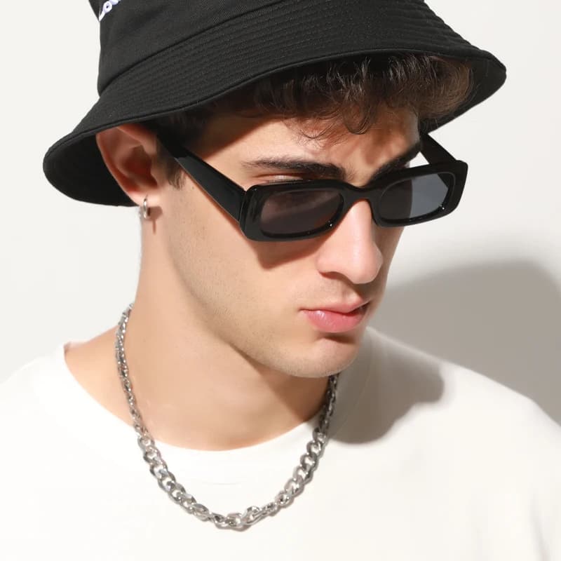 Lunettes de soleil carrées hommes rectangle petit format - Modèle rétro noir pour conduite et pêche UV400