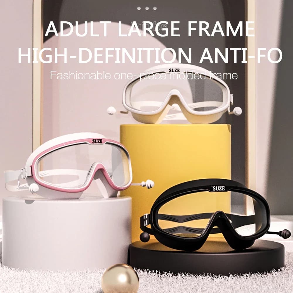 Lunettes de natation grand cadre fashion avec étui - Verres PC HD anti-buée, silicone doux, bouchons anti-glisse