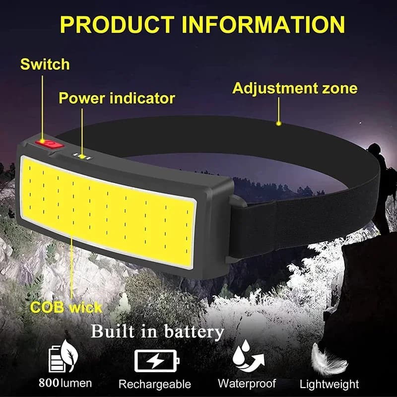 Lampe frontale LED COB puissante rechargeable Type-C intégrée étanche pour pêche camping randonnée