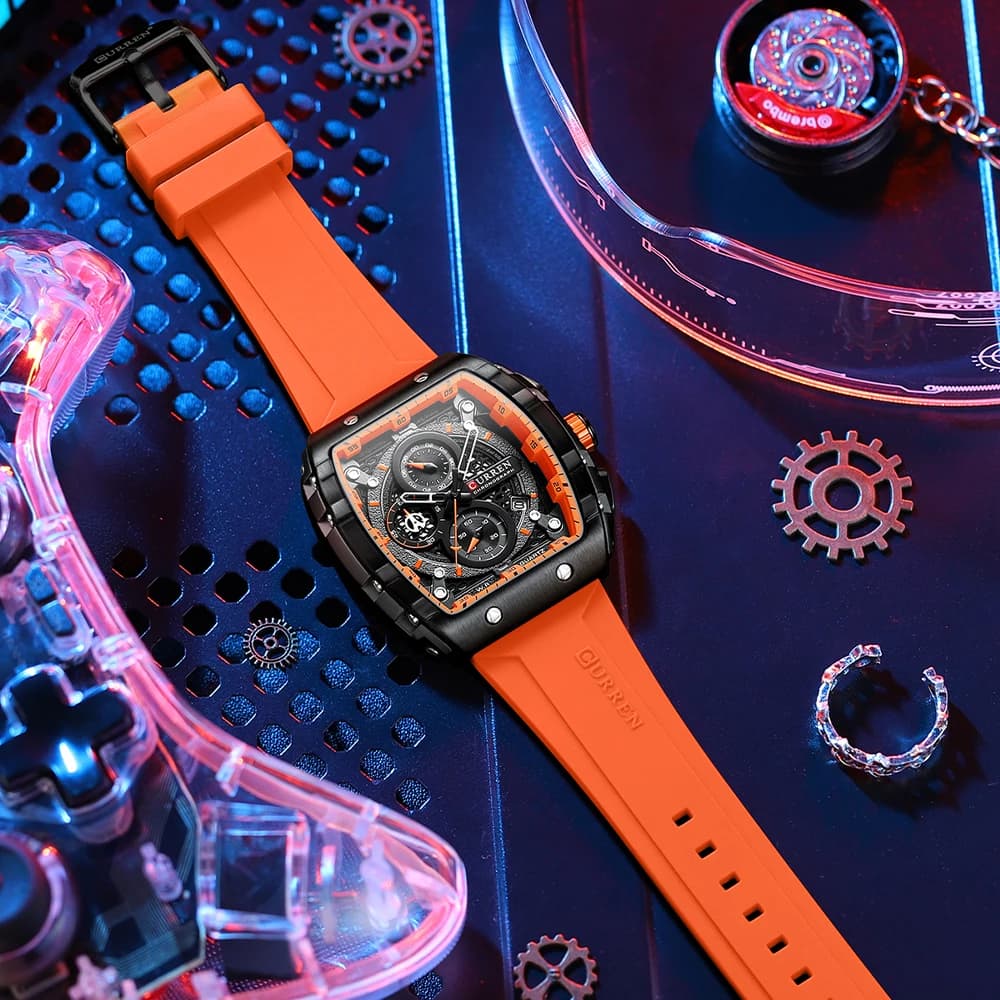 Montre sport Curren tonneau homme - Cadran sportif étanche, bracelet silicone jaune lumineux, quartz automatique