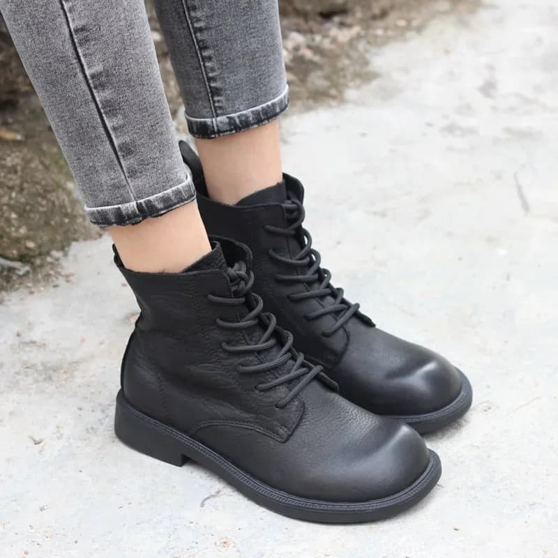 Bottes courtes cuir véritable fait main - Talons plats pêche confort chaud femmes