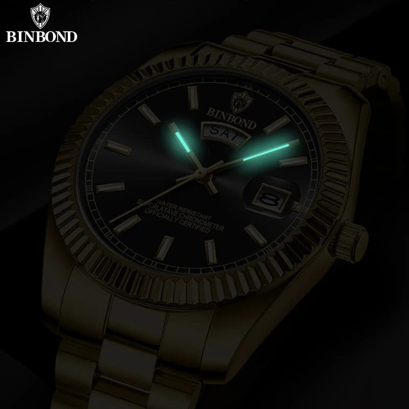 Montre homme sport acier inoxydable étanche date jour quartz marque BINBOND relogio masculino