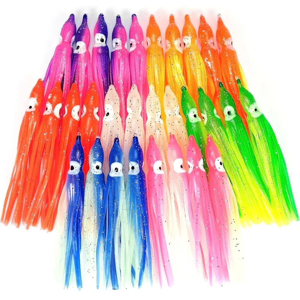 5 leurres calmar luminescents 5cm à 12cm - Leurres souples silicone fluorescents pêche nocturne et profonde