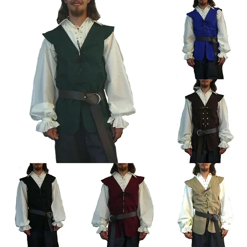 Gilet sans manches homme style pirate médiéval en suède, avec bretelles et décolleté en V, veston vintage loose
