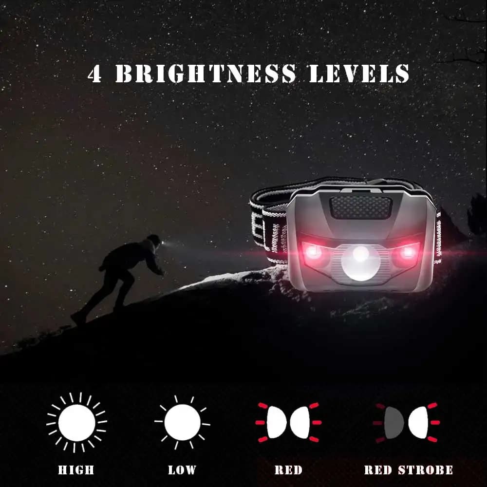 Mini lampe frontale LED 3W lumière blanche et rouge 4 modes étanche sur piles AAA pêche