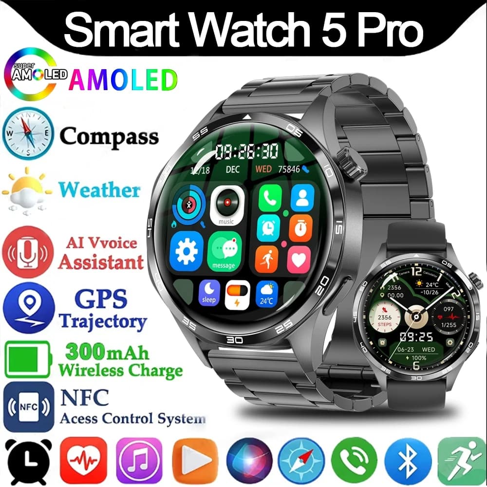 Watch 5 Pro 2026 : montre connectée GPS NFC écran AMOLED monitoring santé étanche IP67 hommes