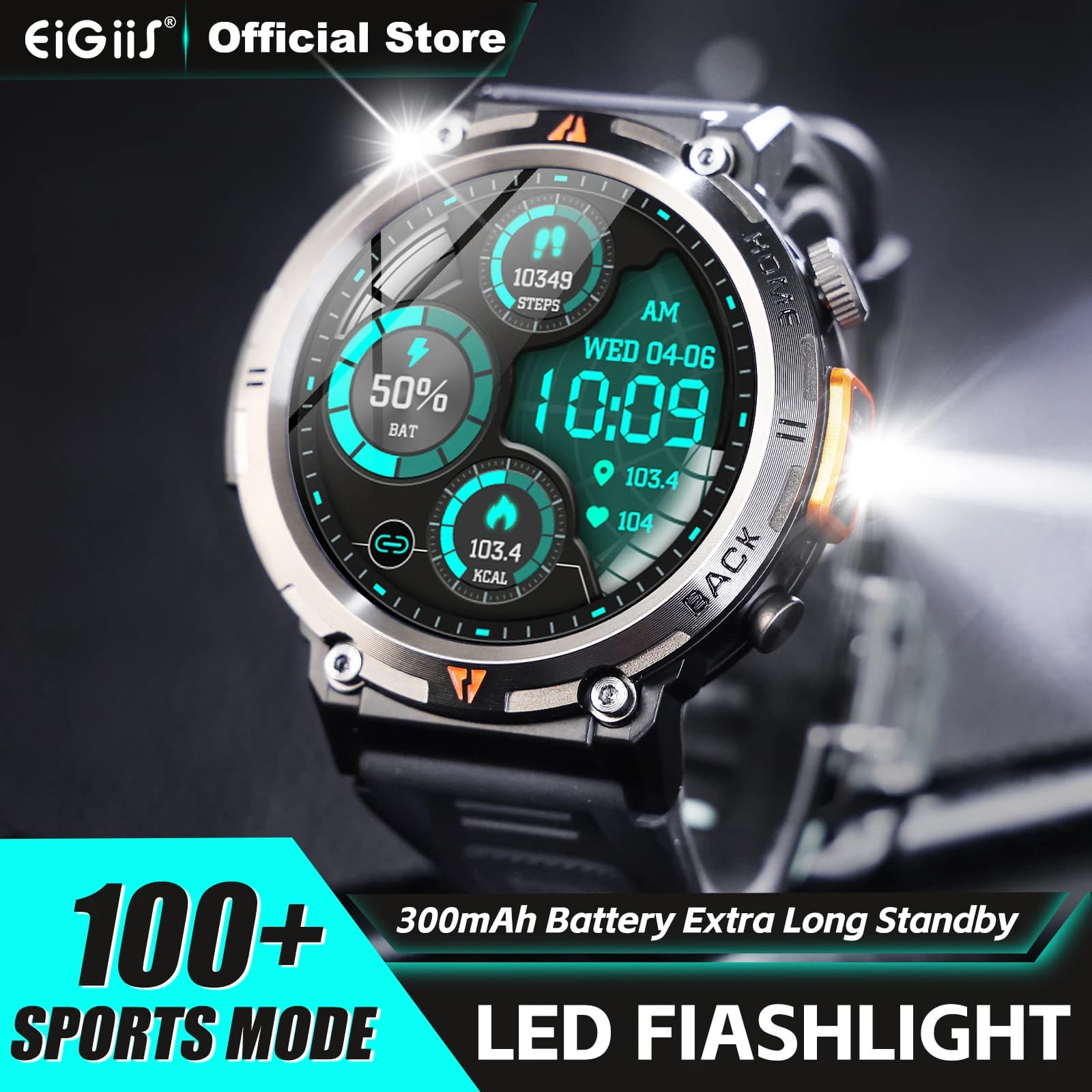Montre connectée EIGIIS KE3 étanche 3ATM Bluetooth appel santé 100+ modes sport lampe torche
