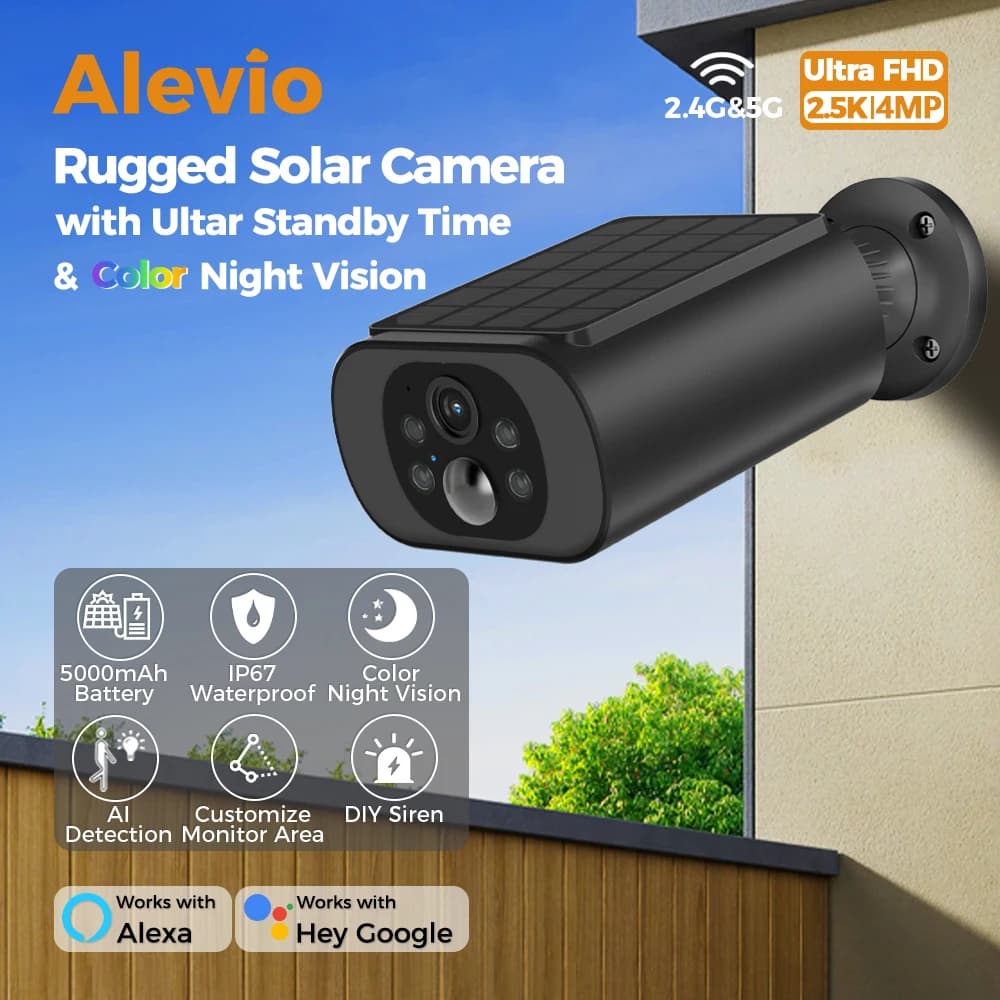 Caméra de sécurité solaire WiFi extérieur Alevio 2.5K, vision nocturne couleur, détection PIR et AI pour surveillance étang