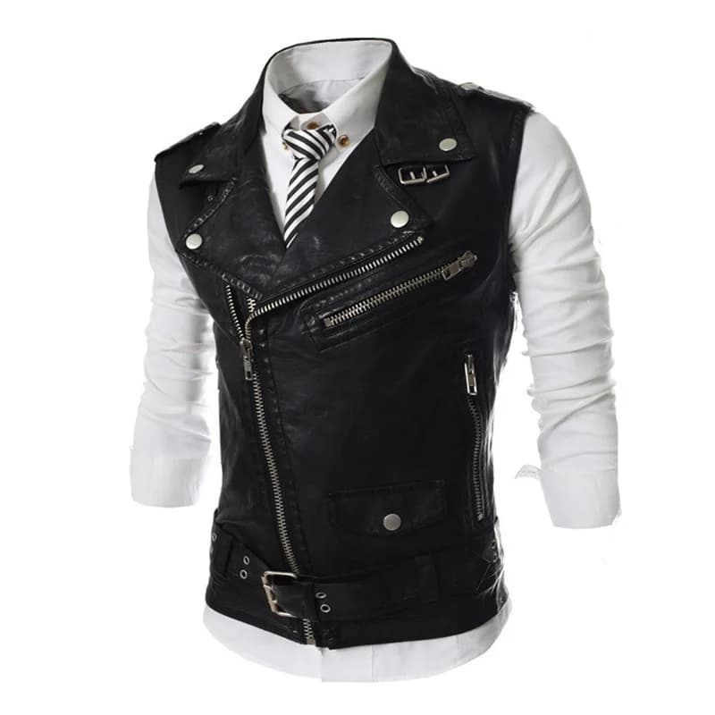 Gilet cuir PU homme slim-fit multi-fermetures - Veste sans manches punk automne hiver