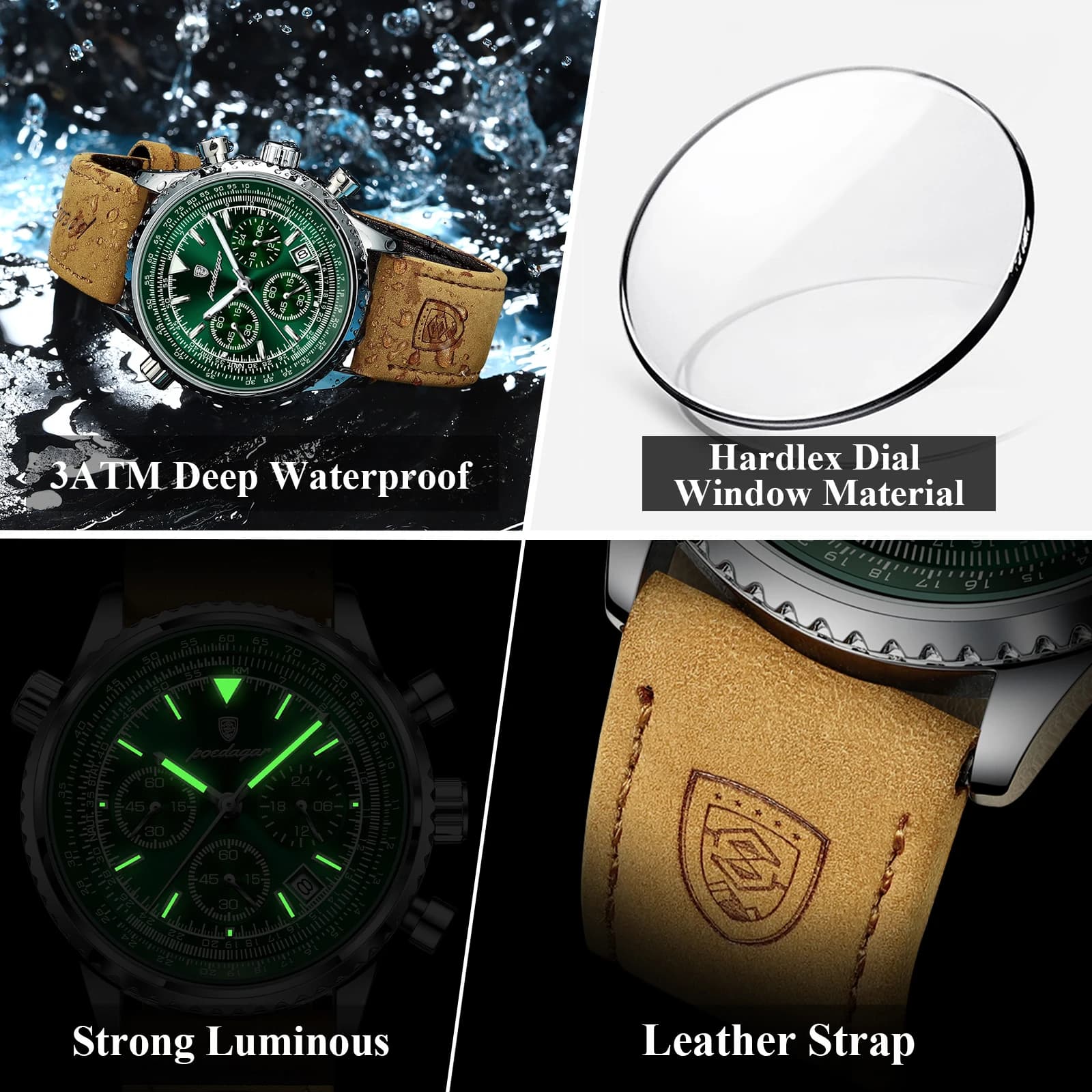 Montre homme luxe POEDAGAR étanche chronographe date lumineuse cuir quartz affaires élégant