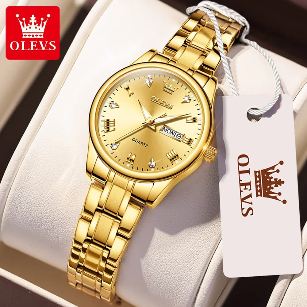 Montre femme OLEVS luxe diamants dorée étanche acier inoxydable calendrier lumineuse cadeau