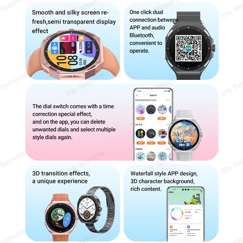 Smartwatch 2025 avec 7 bracelets pour pêche : écran AMOLED 1.52", GPS, étanche 5ATM, appels, menu 3D