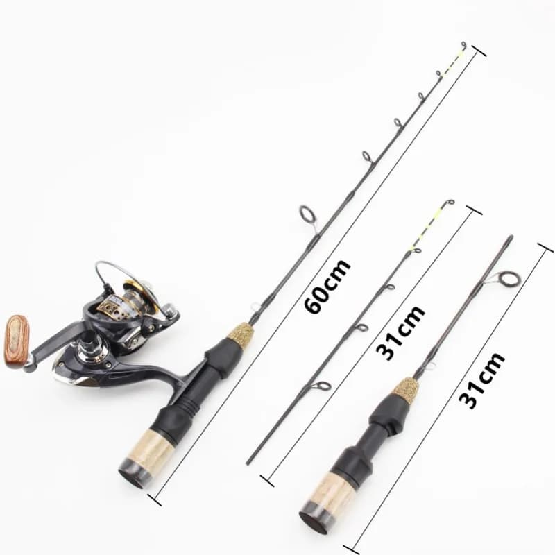 Set pêche glace hiver canne 60cm 2 pointes et moulinet combo carbone pour pêche sur glace