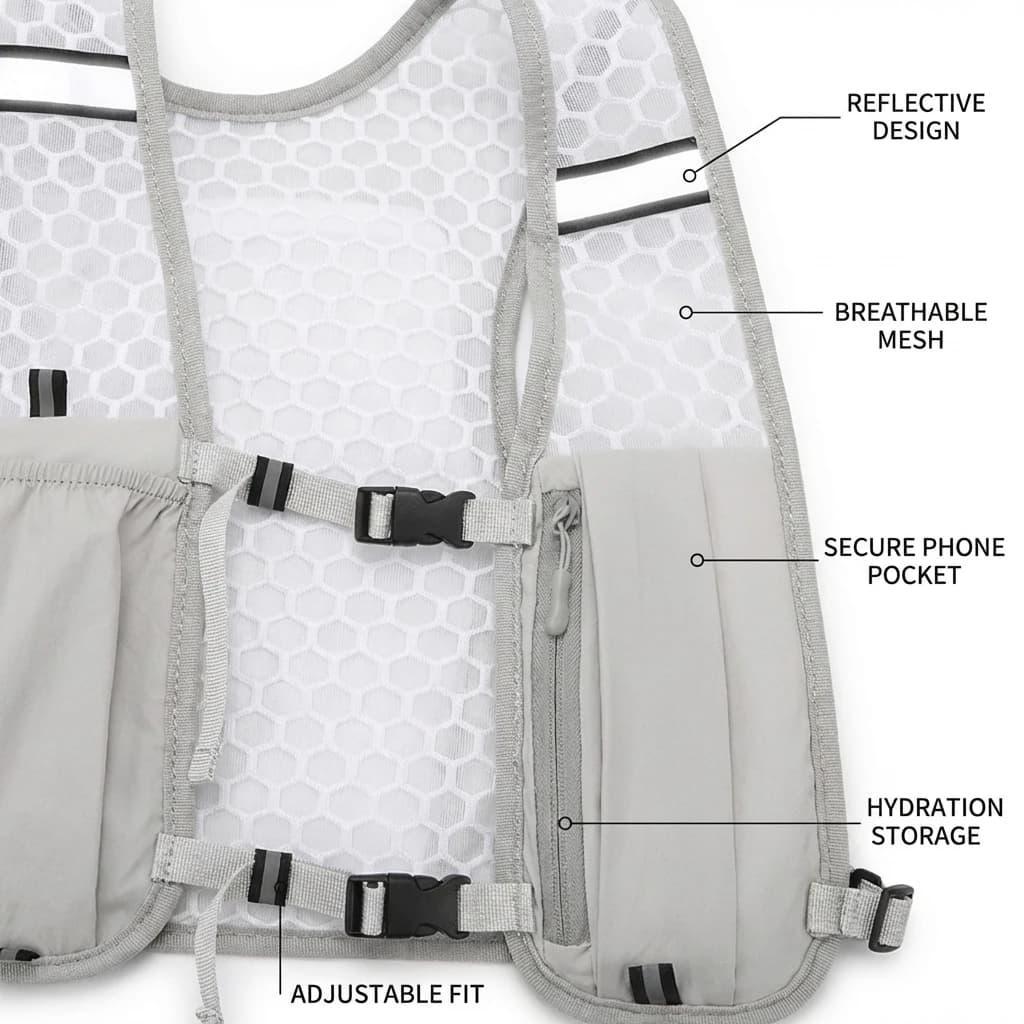 Veste de course légère hydratation avec poche à eau et rangement téléphone réfléchissante pour la pêche