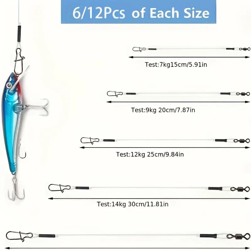 Bas de ligne fluorocarbone 12 pièces avec émerillon rotatif 360° - Pêche brochet, perche - Eau douce et mer
