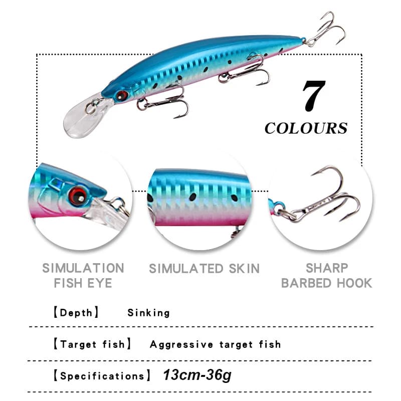 Leurre de pêche YUCONG 1PX Minnow coulant 13cm 36g, leurre dur silencieux pour la pêche en