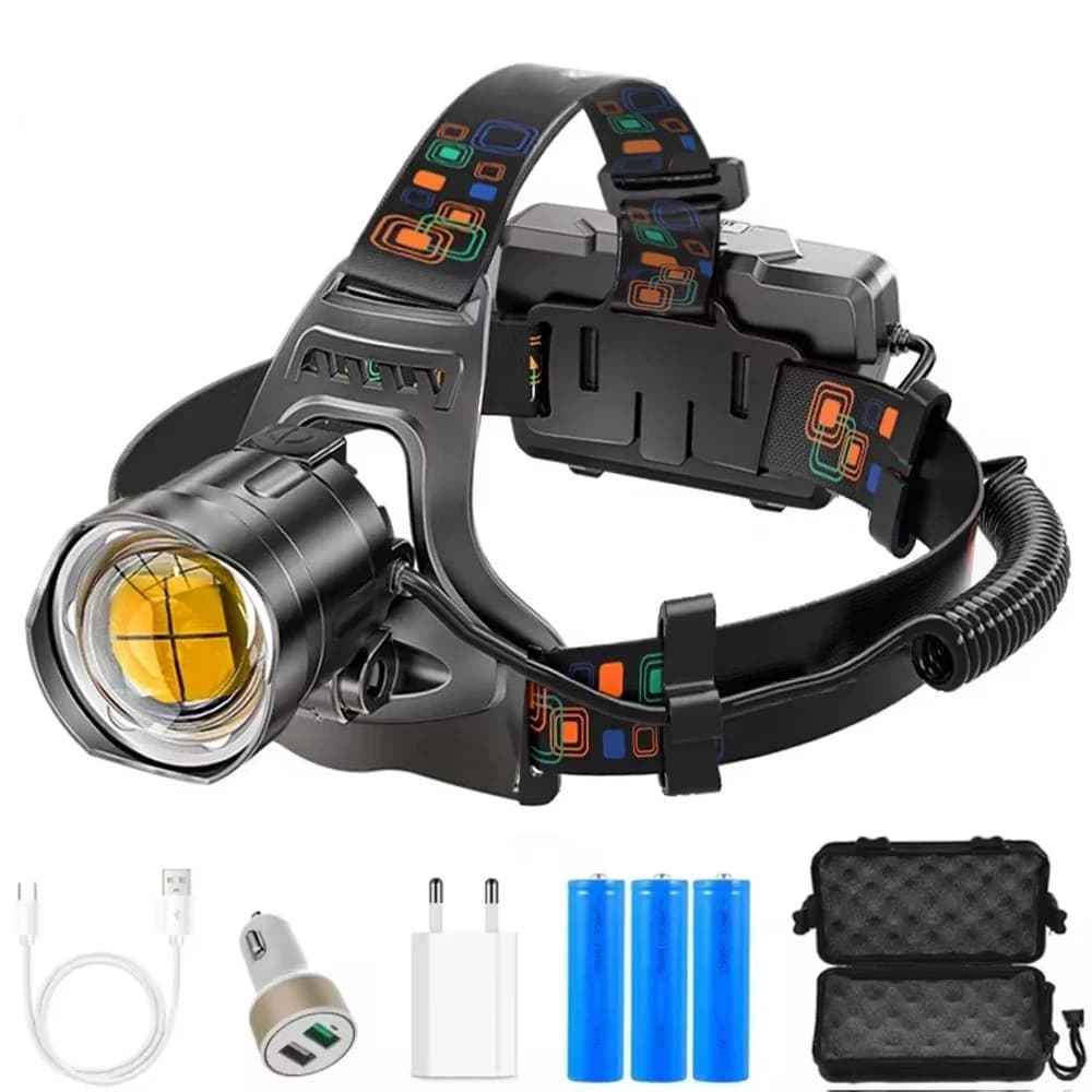 Lampe frontale XHP100 ultra puissante rechargeable USB étanche 18650 pour pêche professionnelle