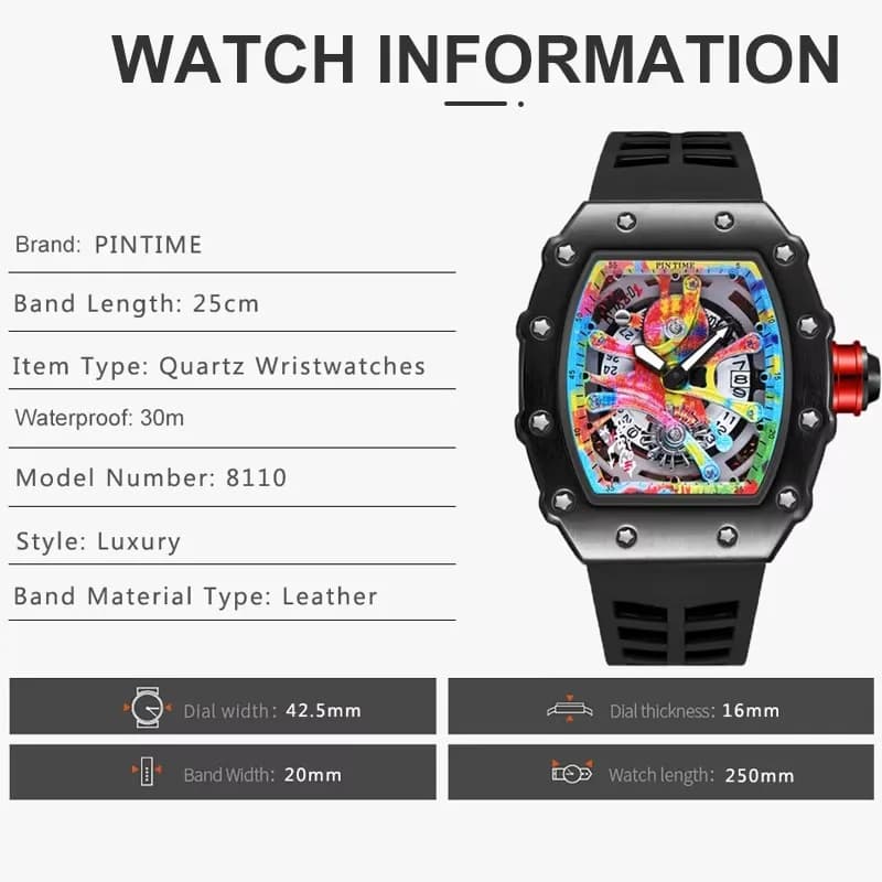 Montre homme luxe tonneau multifonction cadran graffiti automatique étanche sport quartz occasion